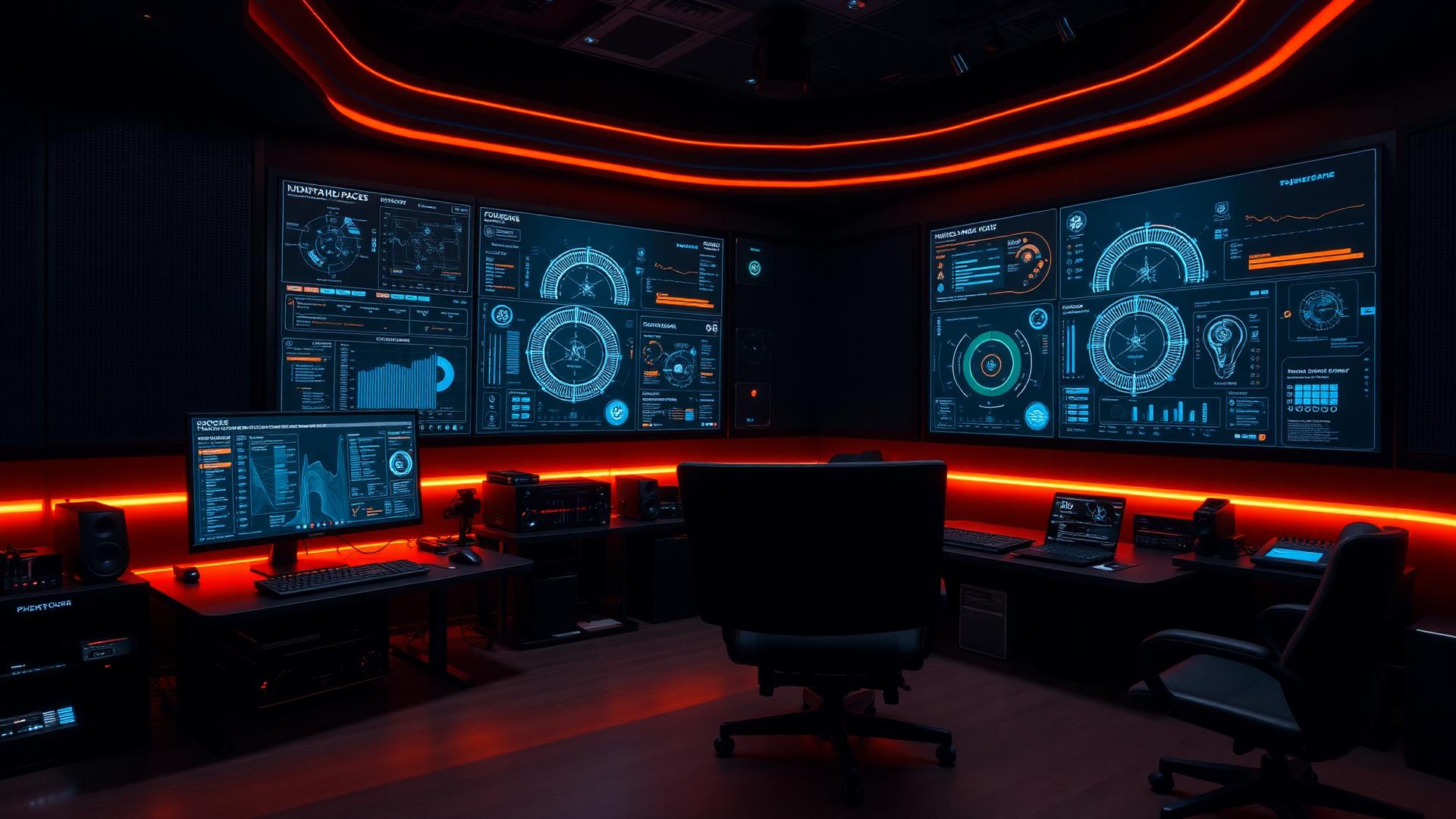 Studio tech moderne avec écrans IA